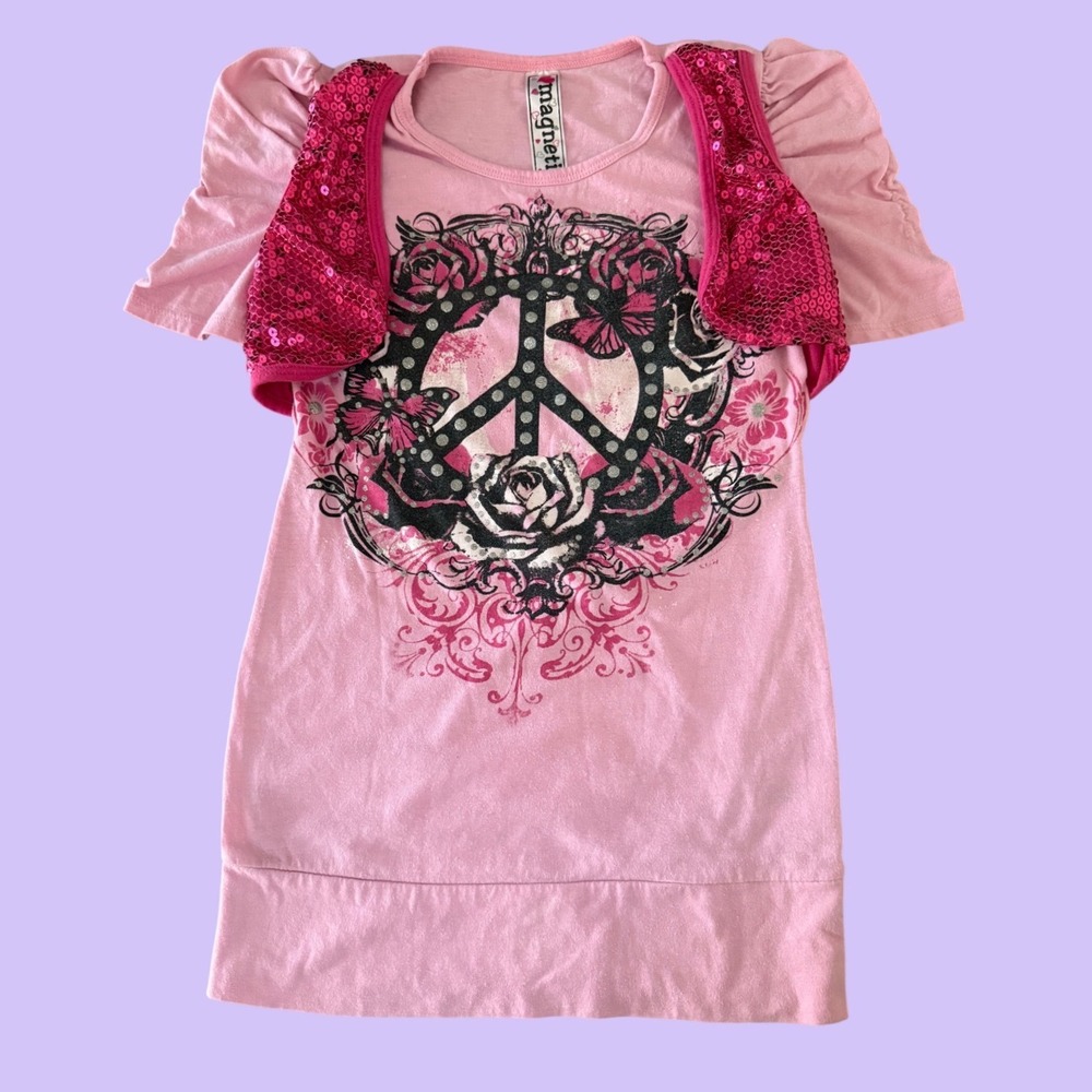 Y2K Magnetic Peace Sign Rose Graphic Tunic Top Sequin Shrug Scene #18